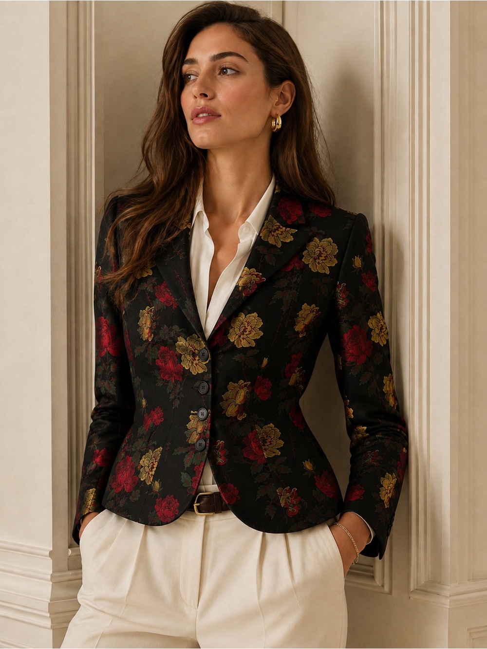 Vintage MUGLER Floral Jacquard Fitted Silk Blend Blazer Made in France